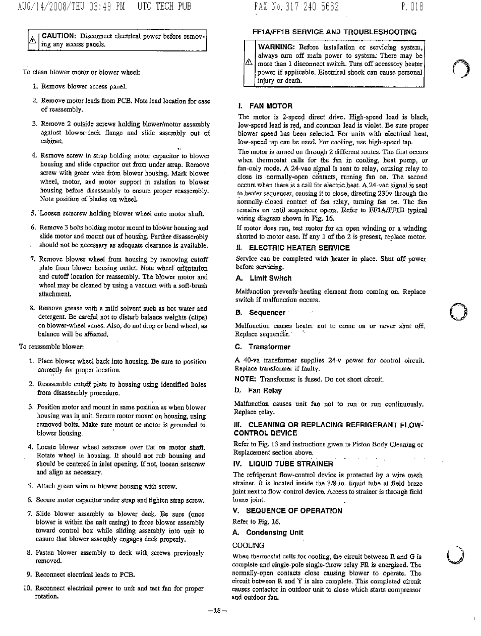 Ff1a/ff1b service and troubleshooting, L fan motor, Ii. electric heater service | A. limit switch, C. transformer, D. fan relay, Iv. liquid tube strainer, V. sequence of operation, Cooling, Ffia/ffib service and troubleshooting -21 | Bryant FA4A User Manual | Page 18 / 30