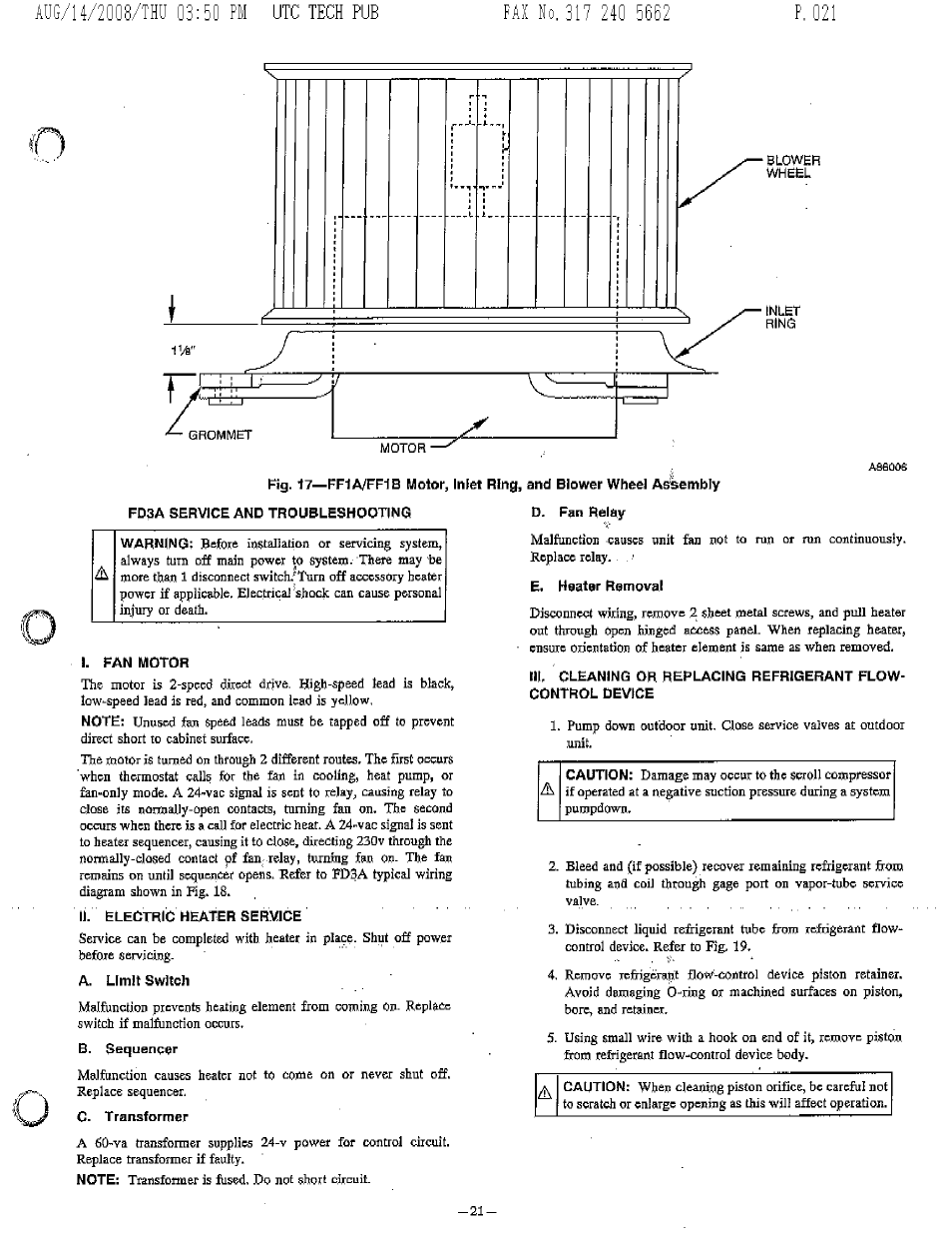 Fd3a service and troubleshooting, Fan motor, Li. electric heater service | A. limit switch, D. fan beley, E, heater removal, Fd3a service and troubleshooting -23 | Bryant FA4A User Manual | Page 21 / 30