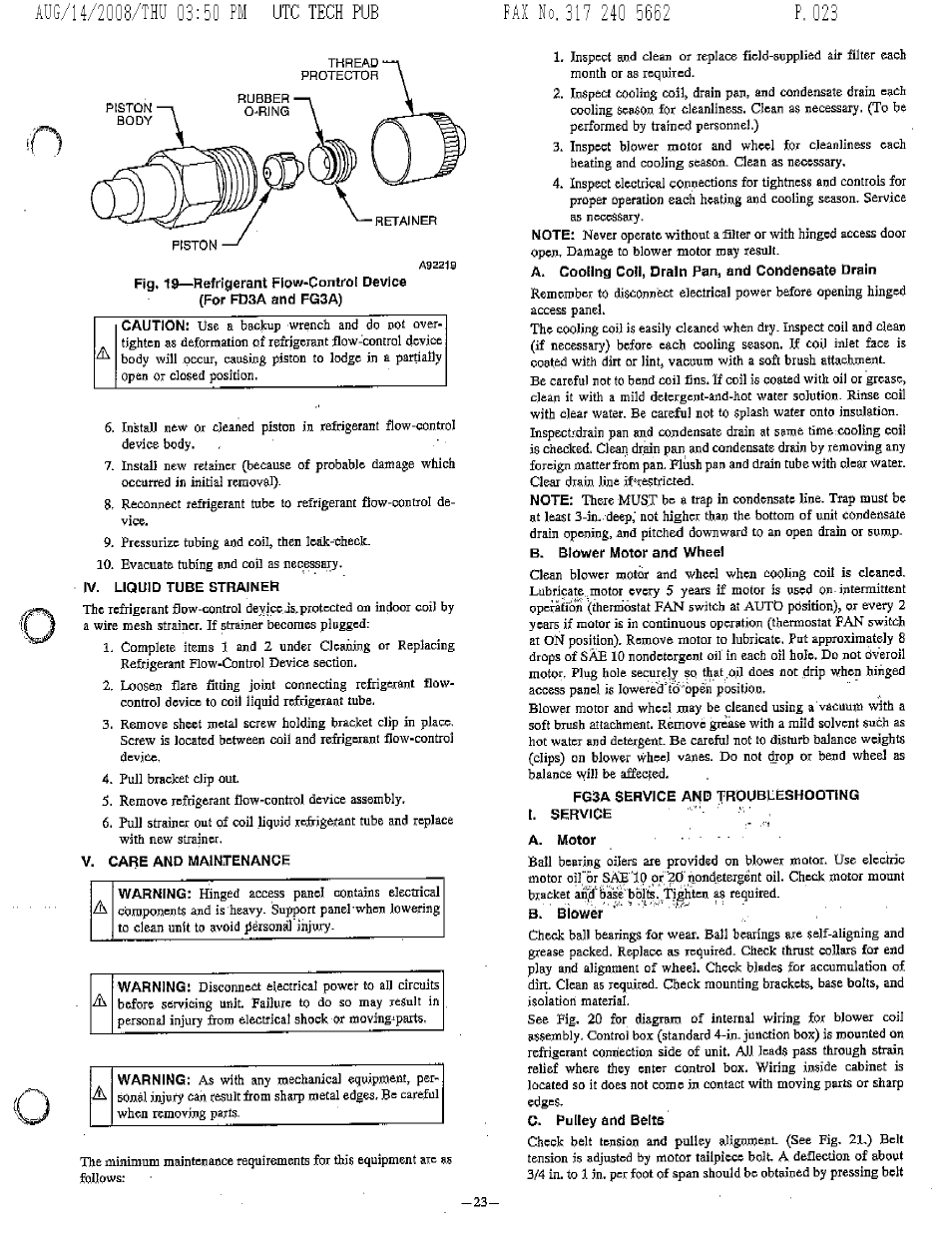 V. liquid tube strainer, V. care and maintenance, A. motor | Utc tech pub, Device | Bryant FA4A User Manual | Page 23 / 30