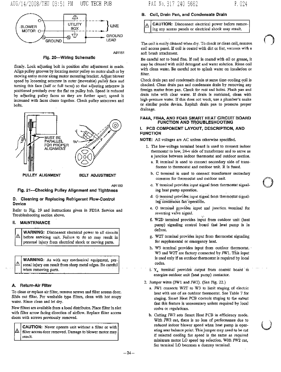 Fig. 21—checking pulley alignment and tightness, Ii, maintenance, A, return-air filter | B. coil, drain pan, and condensate drain, I. pcb component layout, description, and function | Bryant FA4A User Manual | Page 24 / 30