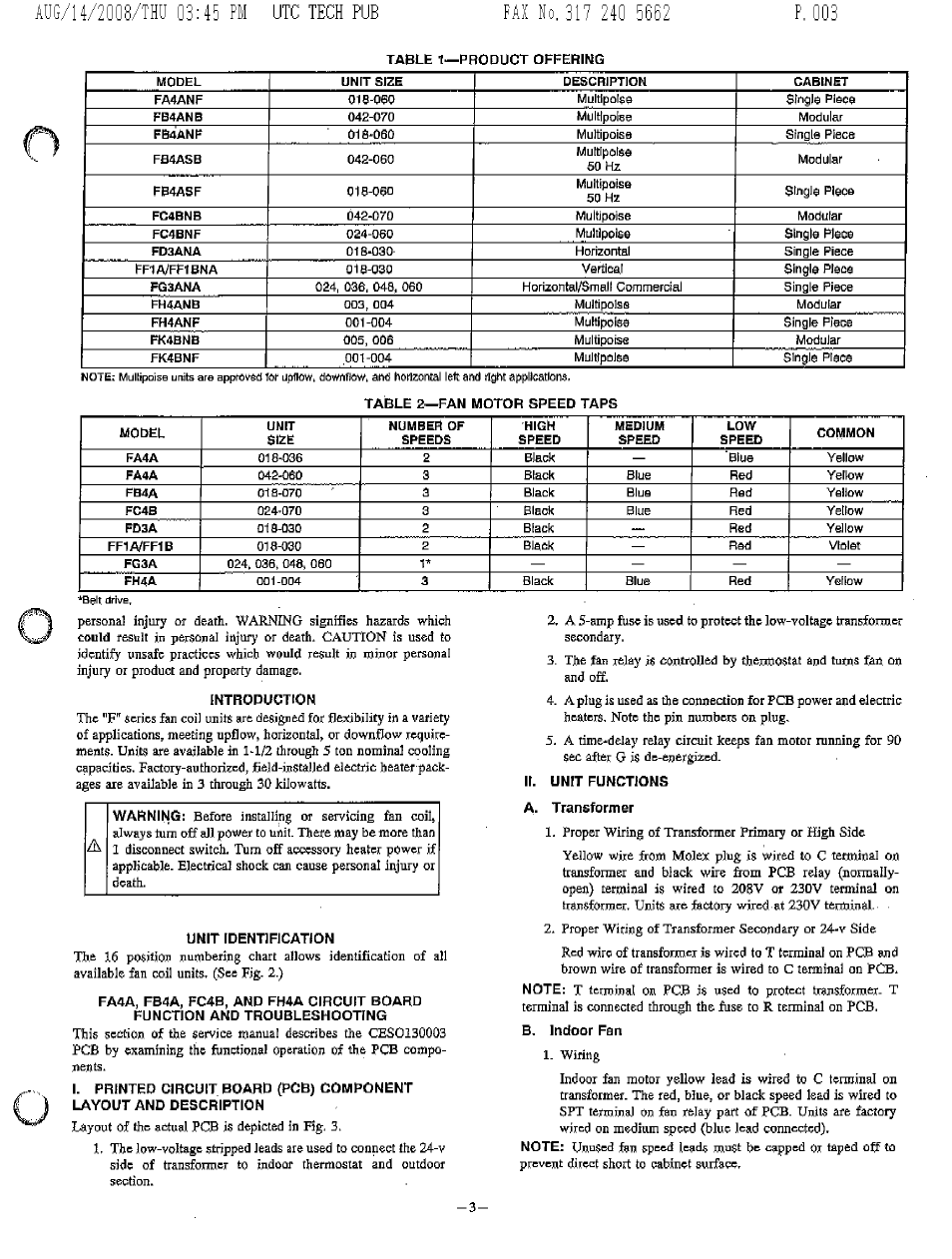 Introduction, Unit identification, Ii. unit functions | A- transformer, B. indoor fan | Bryant FA4A User Manual | Page 3 / 30
