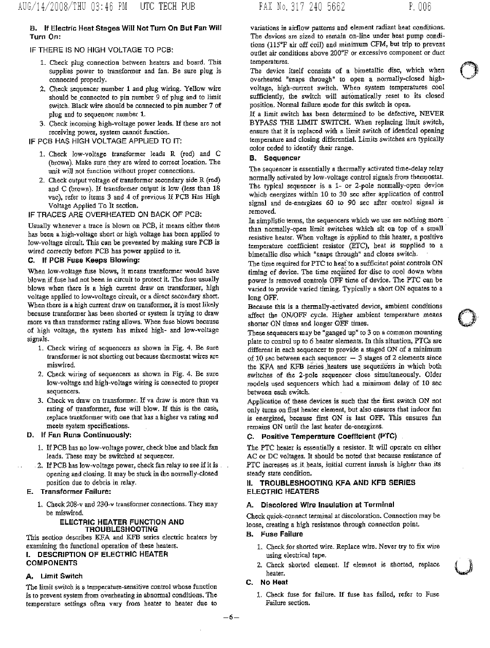 Electric heater function and troubleshooting, I. description of electric heater components, A. limit switch | Ii. troubleshooting kfa and kfb series, A. discolored wire insulation at tormincl, C. no heat | Bryant FA4A User Manual | Page 6 / 30