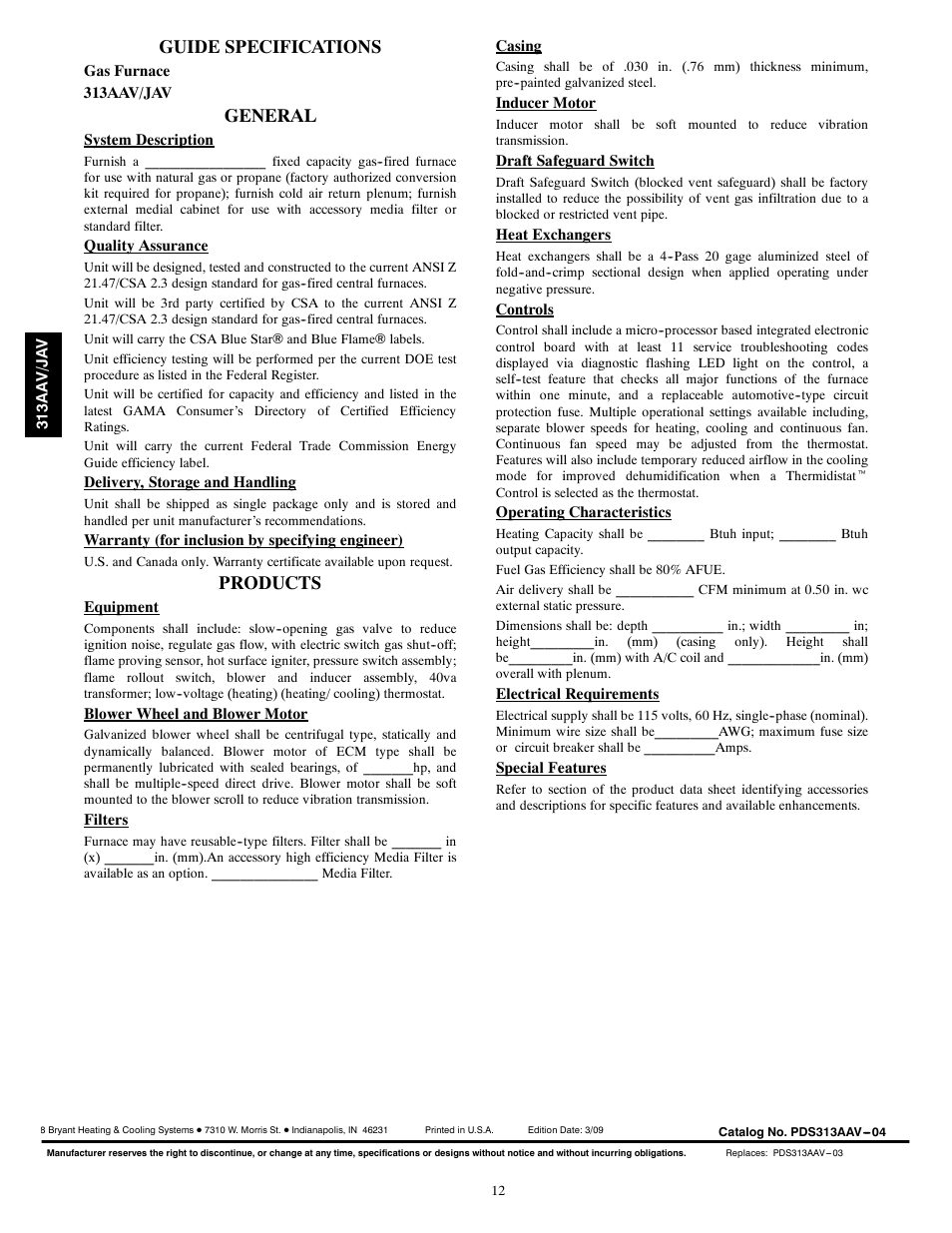Guide specifications, General, Products | Bryant 313AAV/JAV User Manual | Page 12 / 12