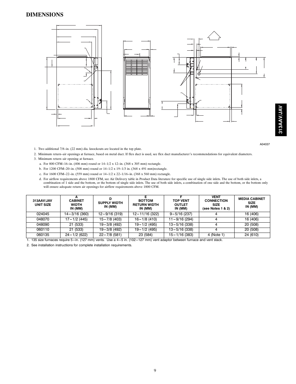 Dimensions, Ad f e, 313aa v/ ja v | Bryant 313AAV/JAV User Manual | Page 9 / 12