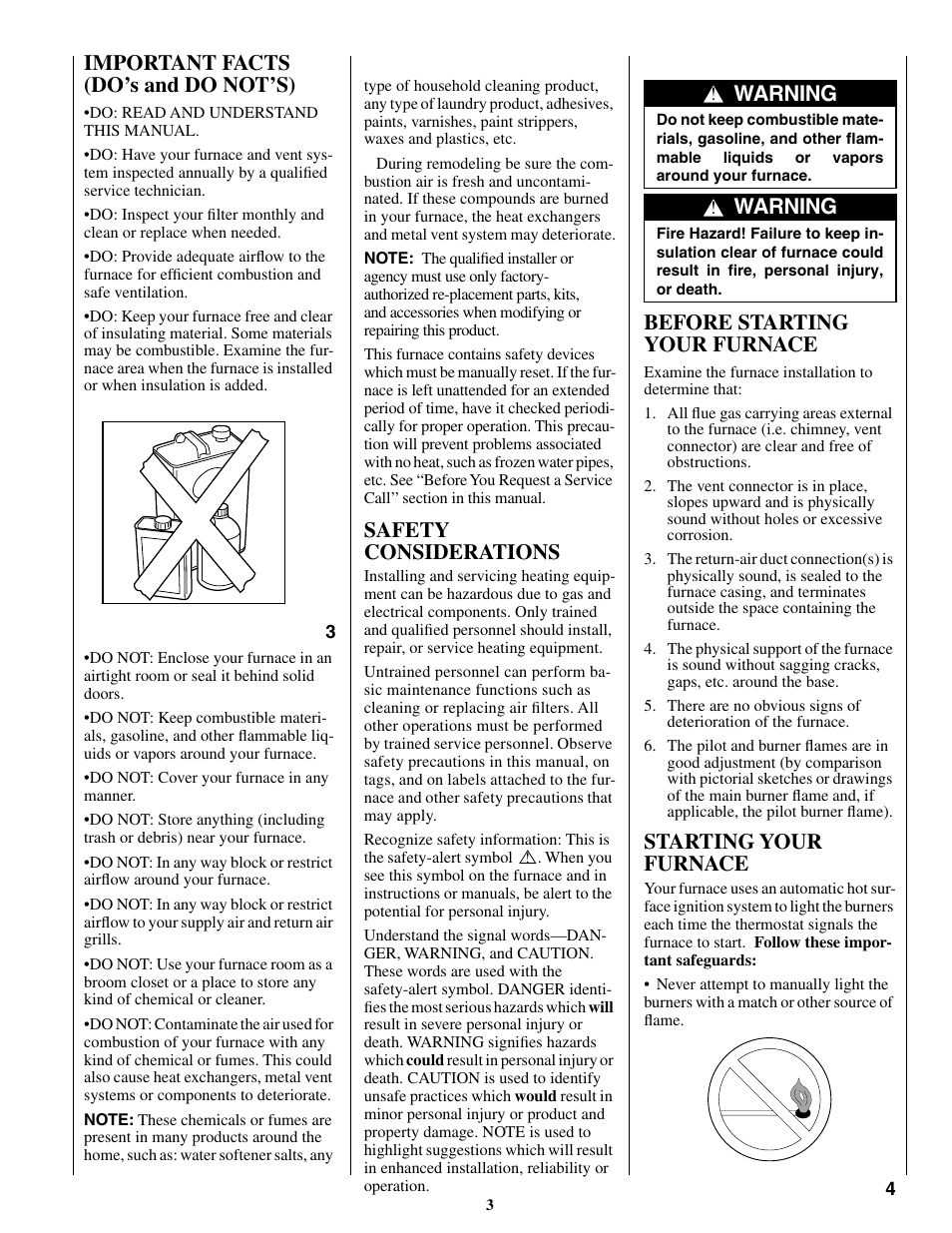 Important facts (do’s and do not’s), Safety considerations, Before starting your furnace | Starting your furnace, Warning | Bryant 310 User Manual | Page 3 / 8