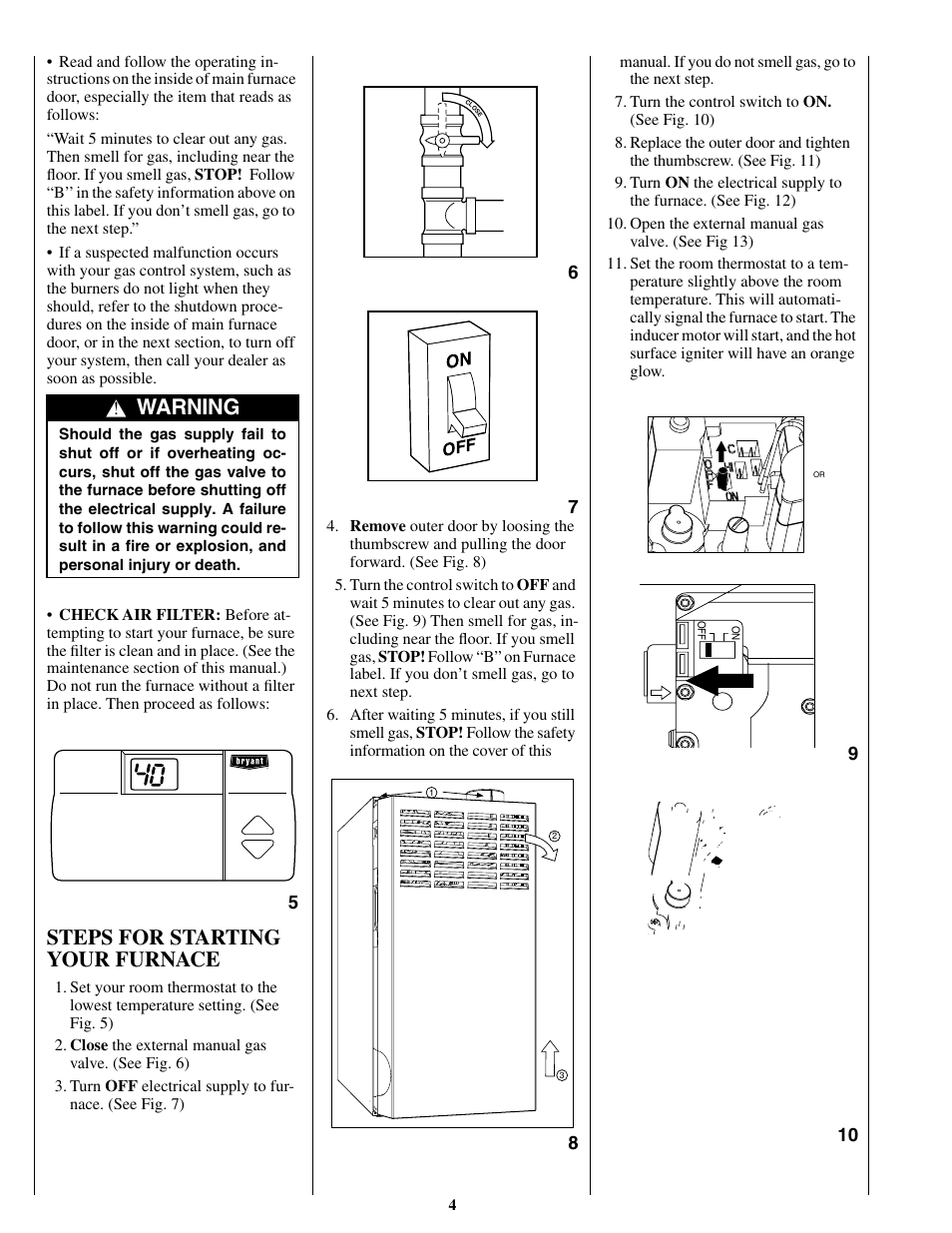 Steps for starting your furnace, Warning | Bryant 310 User Manual | Page 4 / 8