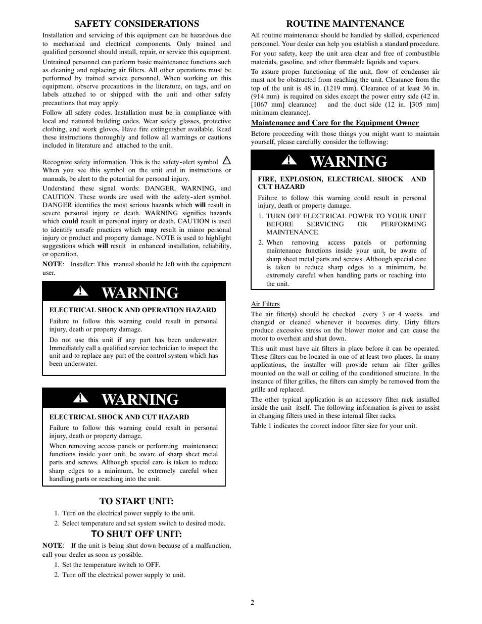 Warning, Safety considerations, Routine maintenance | Bryant LEGACY 564B User Manual | Page 2 / 4