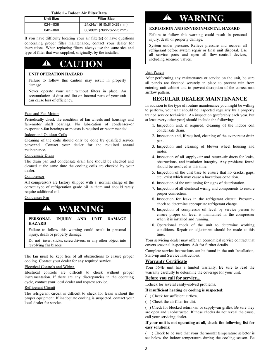 Caution, Warning, Regular dealer maintenance | Bryant LEGACY 564B User Manual | Page 3 / 4