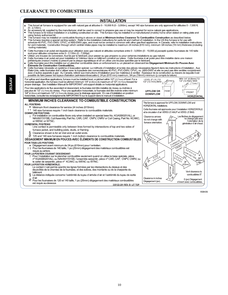 Clearance to combustibles | Bryant PLUS 90X 353AAV User Manual | Page 10 / 22