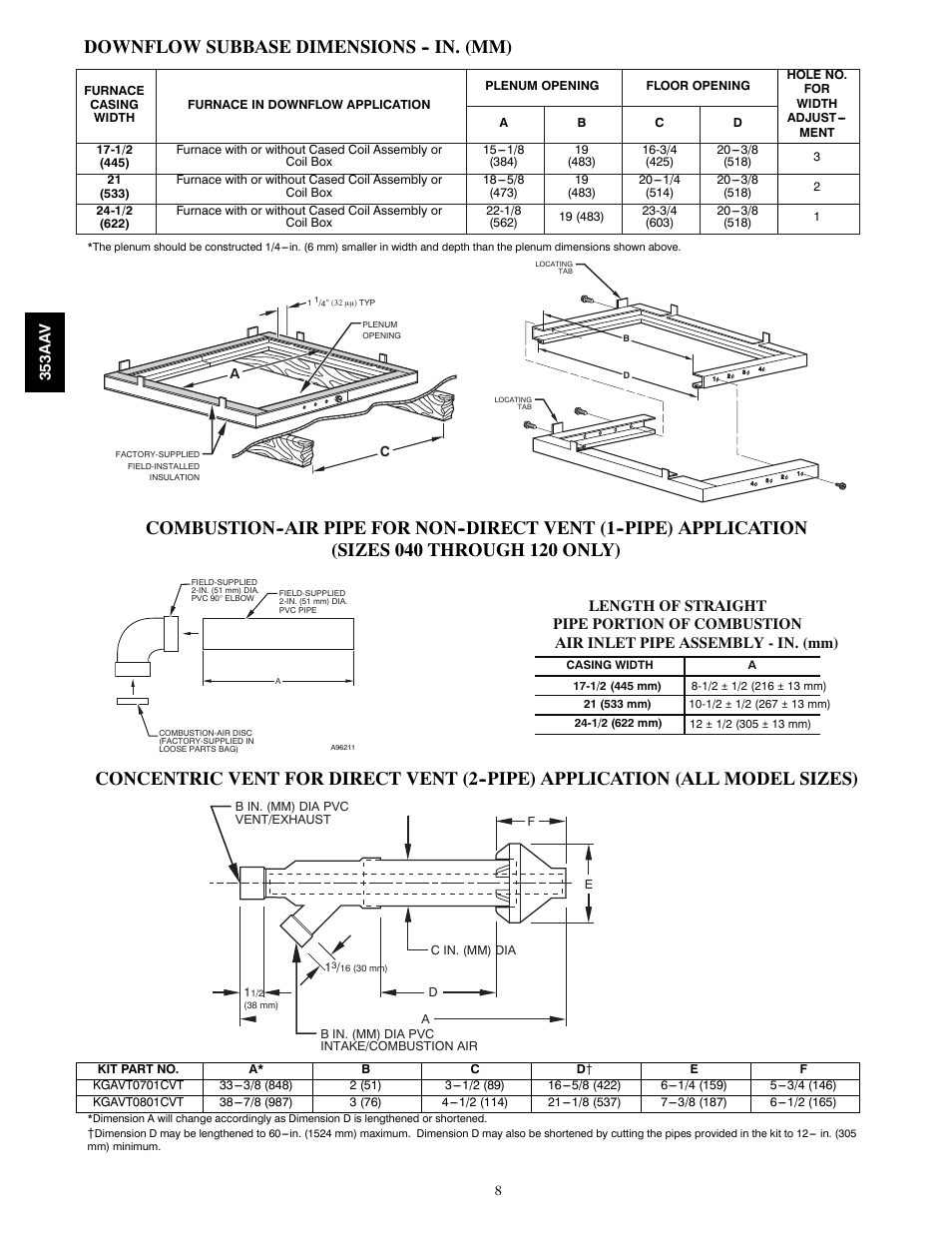 Downflow subbase dimensions -- in. (mm), 353aa v | Bryant PLUS 90X 353AAV User Manual | Page 8 / 22