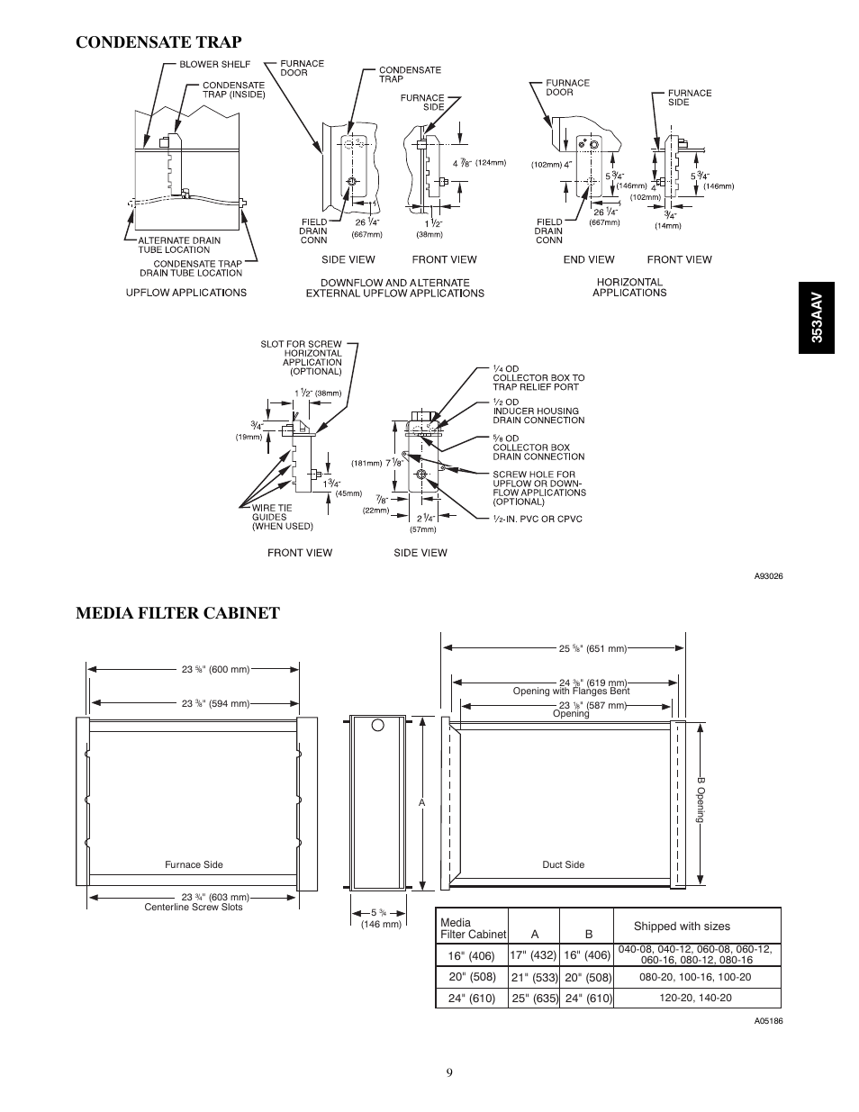 Condensate trap, Media filter cabinet, 353aa v | Bryant PLUS 90X 353AAV User Manual | Page 9 / 22