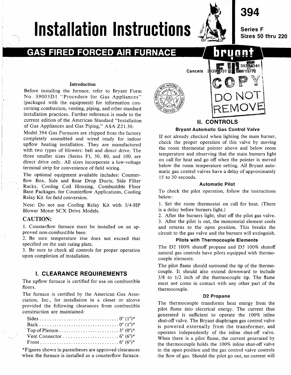 Bryant Gas Fired Forced Air 394 User Manual | 6 pages