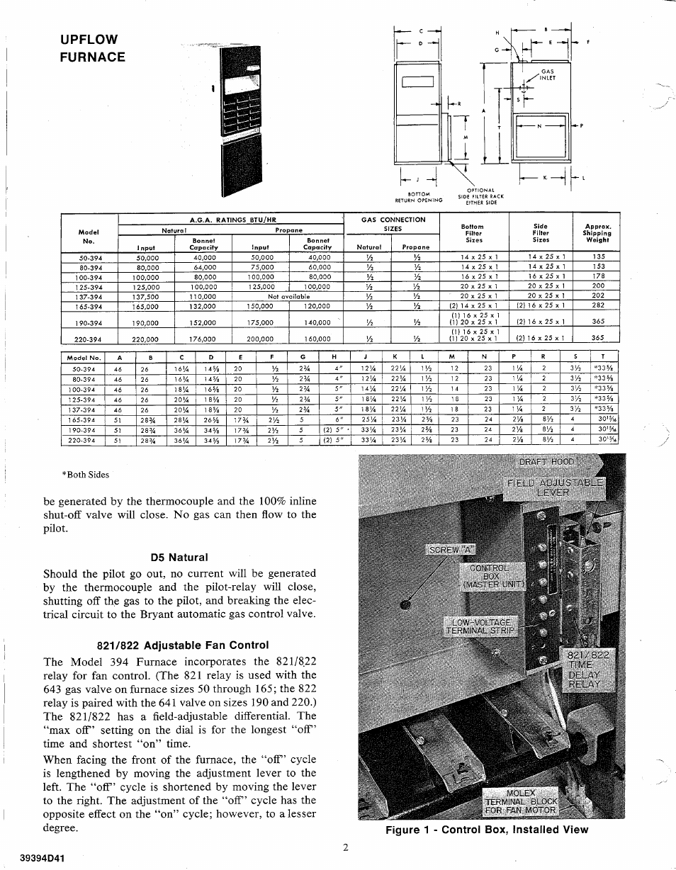 Upflow, Furnace, D5 natural | 821/822 adjustable fan control, Upflow furnace, Del-iy, T ve, Figure 1 - control box, installed view, Both sides, Rmixal 'r - 3 | Bryant Gas Fired Forced Air 394 User Manual | Page 2 / 6