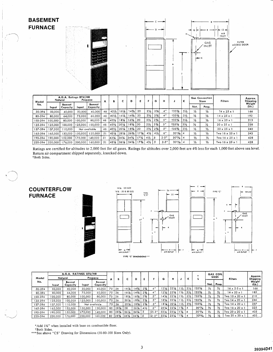 Basement, Furnace, Counterflow | Basement furnace, Counterflow furnace, Tboth sides | Bryant Gas Fired Forced Air 394 User Manual | Page 3 / 6