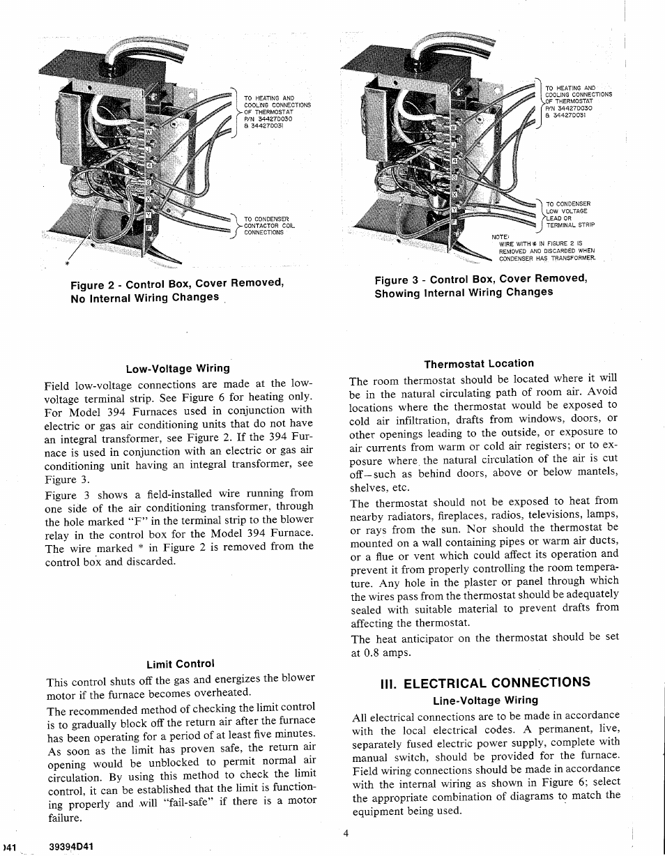 Low-voltage wiring, Limit control, Thermostat location | Iii. electrical connections | Bryant Gas Fired Forced Air 394 User Manual | Page 4 / 6