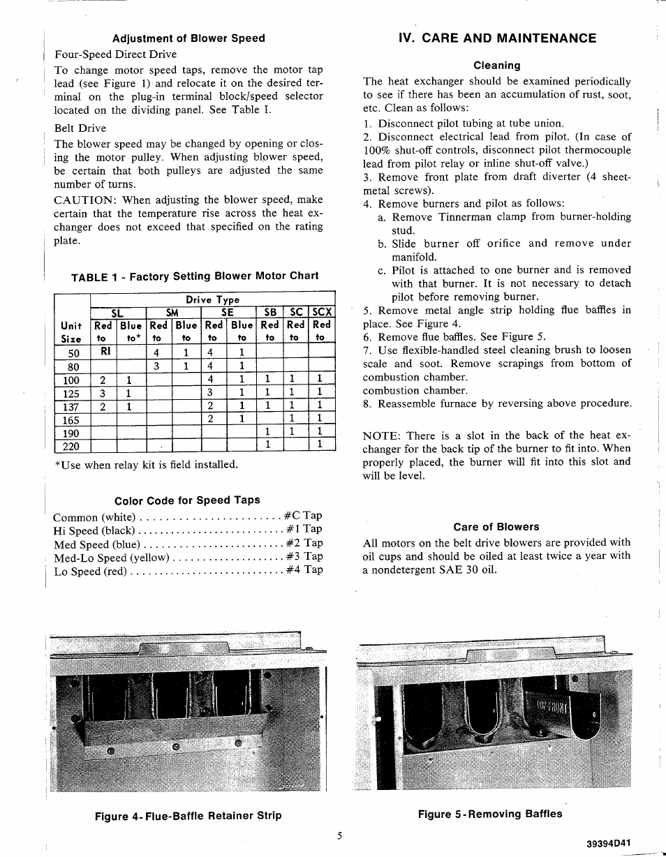 Adjustment of blower speed, Color code for speed taps, Iv. care and maintenance | Cleaning, Care of blowers, Figure 4-flue-baffle retainer strip, Sc sex | Bryant Gas Fired Forced Air 394 User Manual | Page 5 / 6