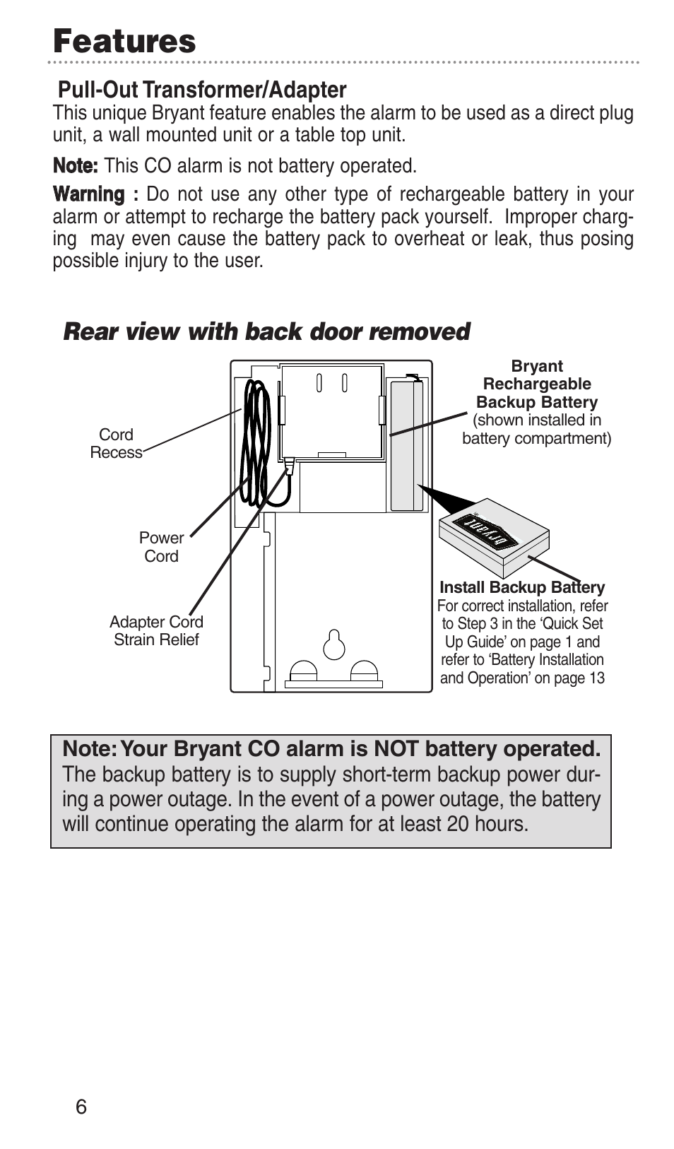 Features, Rear view with back door removed, Pull-out transformer/adapter | Bryant KN-COPP-3-RC User Manual | Page 9 / 35