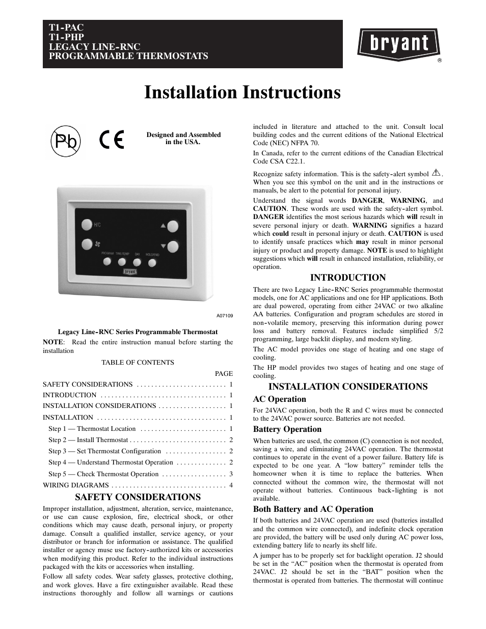 Bryant T1--PHP User Manual | 8 pages