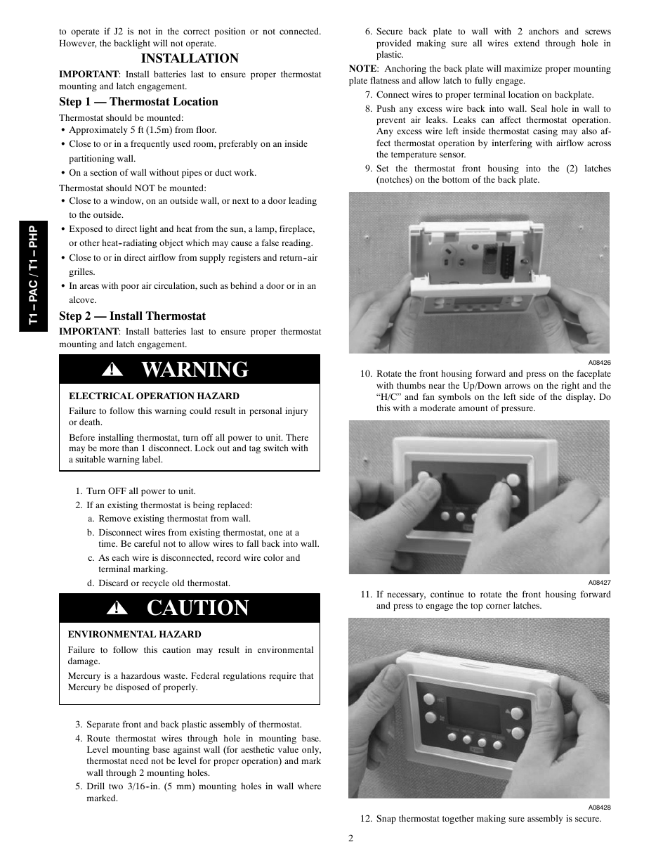 Warning, Caution, Installation | Bryant T1--PHP User Manual | Page 2 / 8