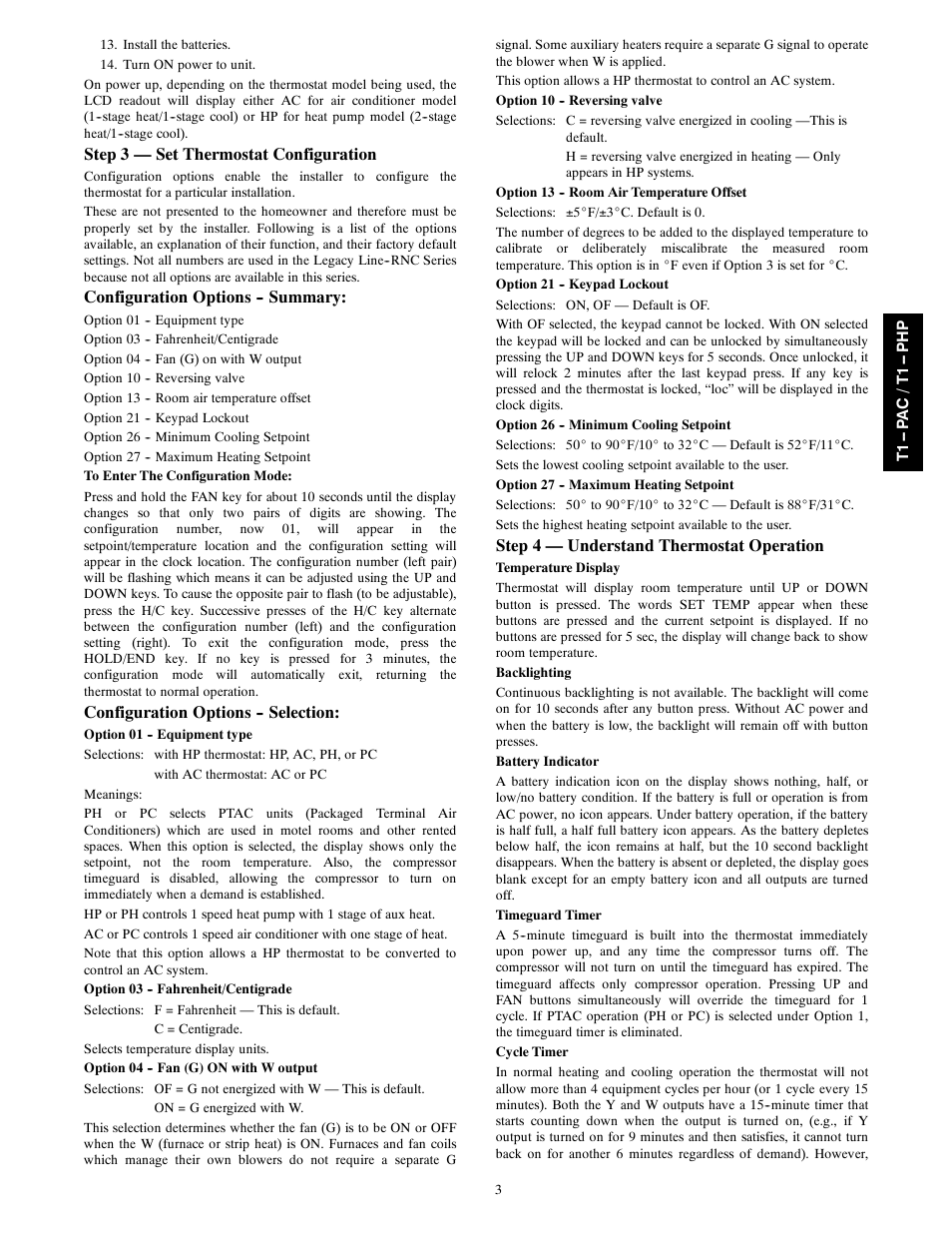 Step 3 — set thermostat configuration, Configuration options -- summary, Configuration options -- selection | Step 4 — understand thermostat operation | Bryant T1--PHP User Manual | Page 3 / 8