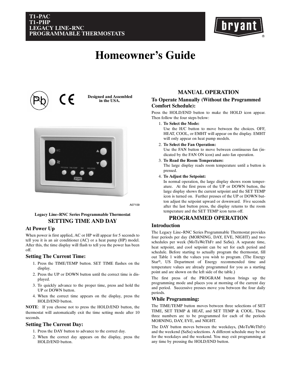 Homeowner’s guide, Setting time and day, Manual operation | Programmed operation | Bryant T1--PHP User Manual | Page 5 / 8