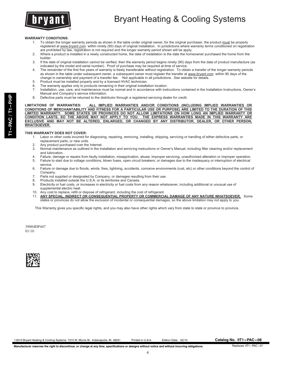 Bryant heating & cooling systems | Bryant T1--PHP User Manual | Page 8 / 8