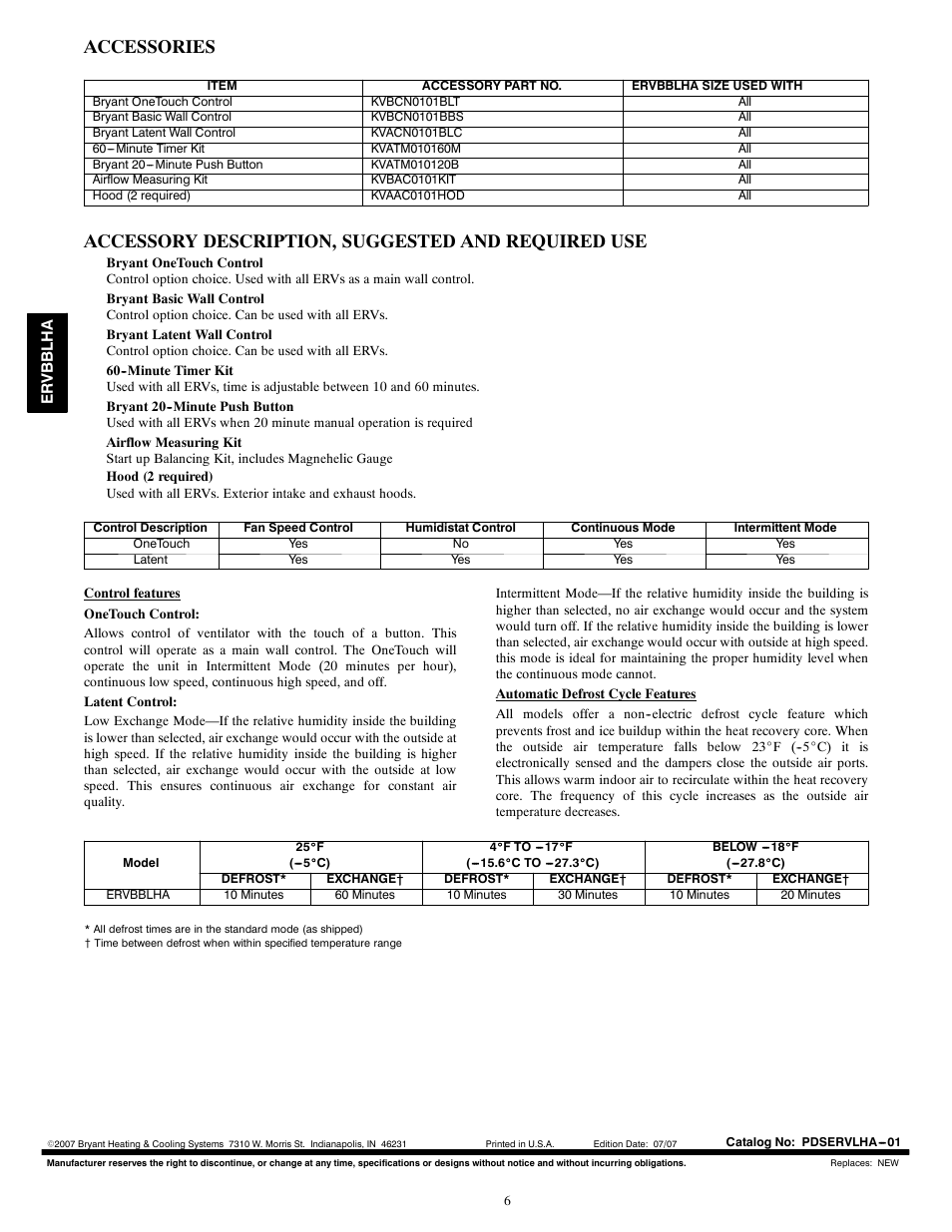 Accessories, Accessory description, suggested and required use | Bryant ERVBBLHA A07619 User Manual | Page 6 / 6