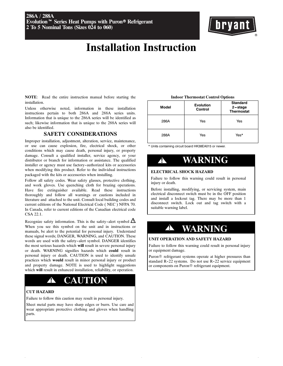 Bryant Evolutiont Series s with Puronr Refrigerant 286A User Manual | 16 pages