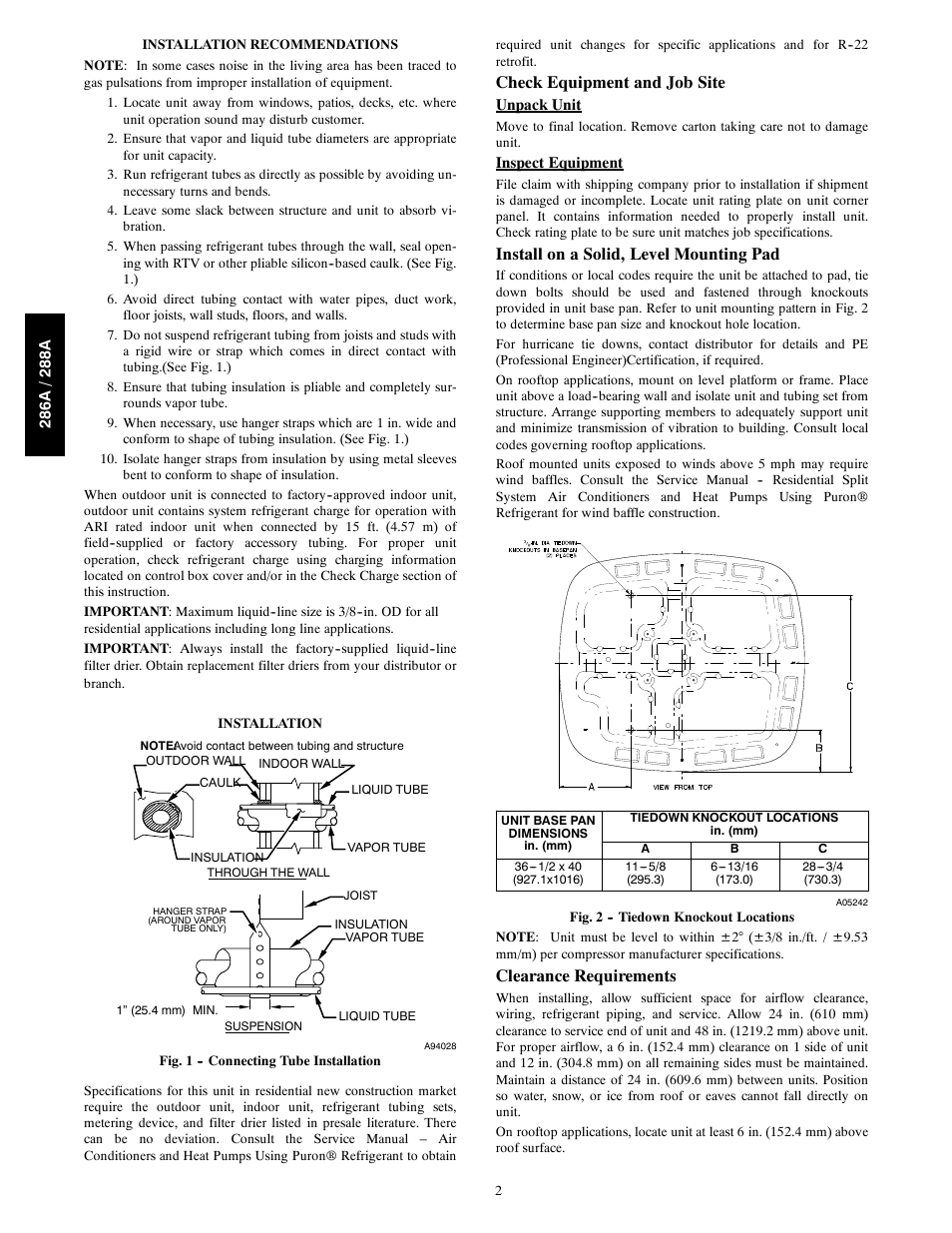 Check equipment and job site, Install on a solid, level mounting pad, Clearance requirements | Bryant Evolutiont Series s with Puronr Refrigerant 286A User Manual | Page 2 / 16