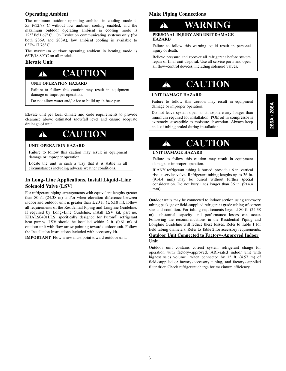 Caution, Warning | Bryant Evolutiont Series s with Puronr Refrigerant 286A User Manual | Page 3 / 16