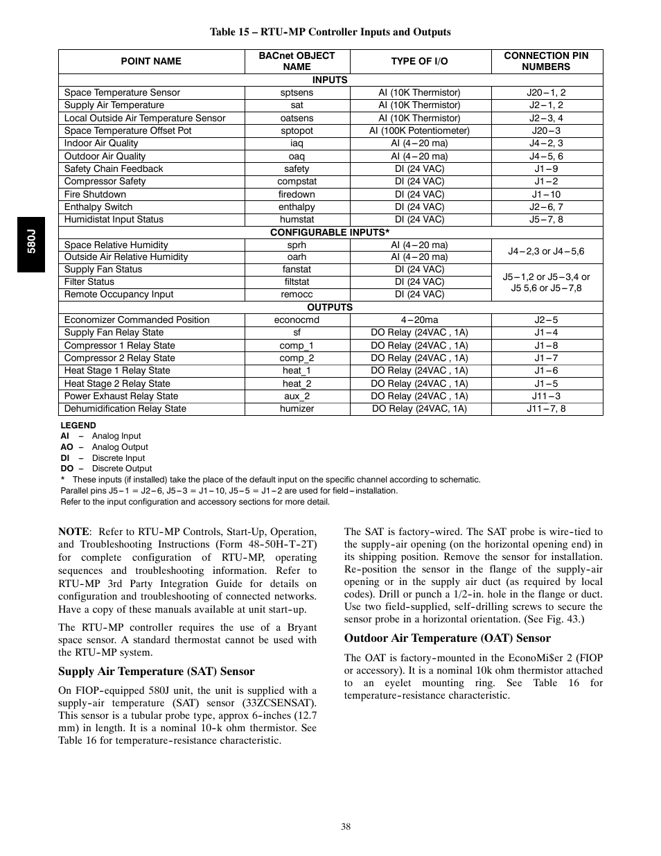 Supply air temperature (sat) sensor, Outdoor air temperature (oat) sensor | Bryant F User Manual | Page 38 / 85