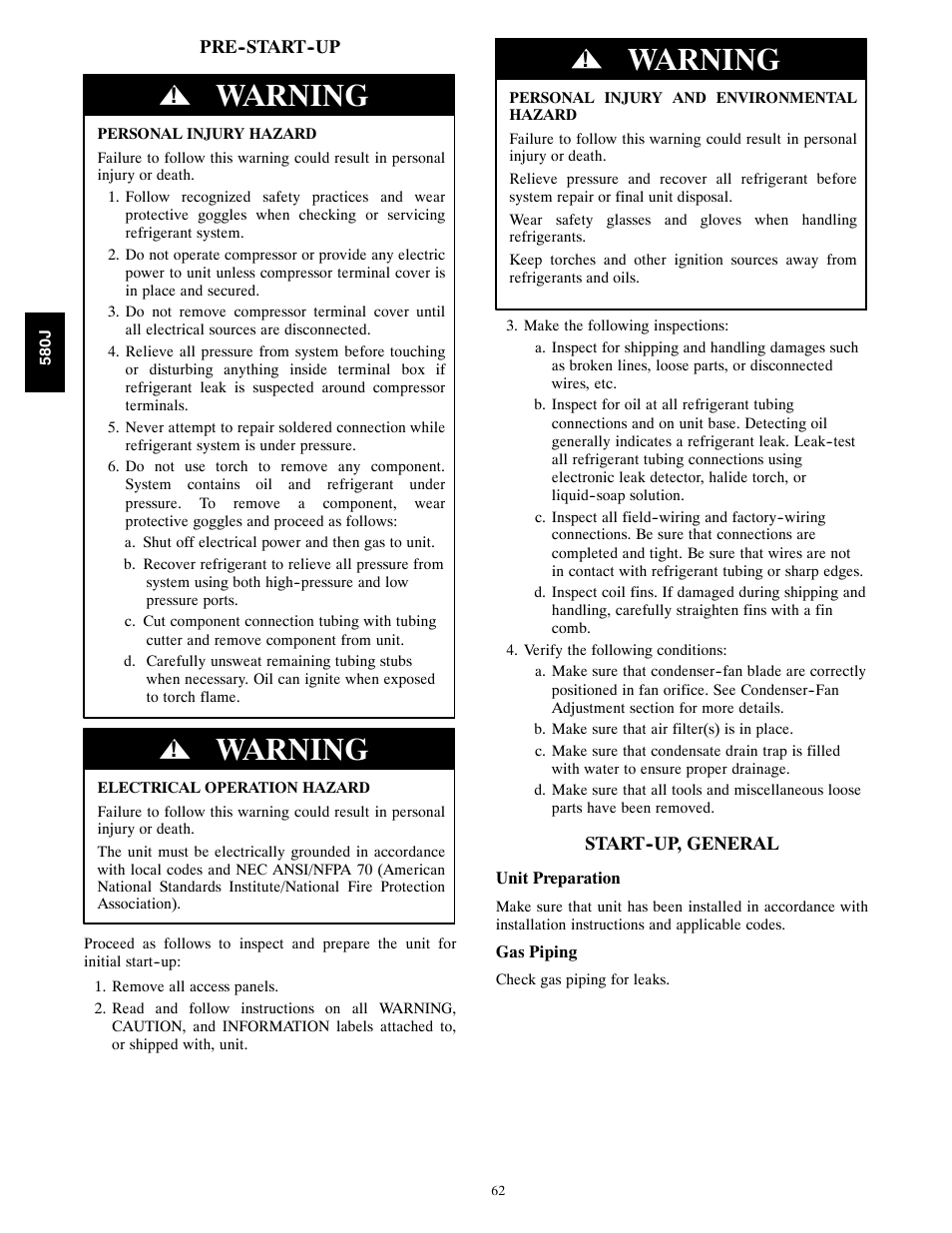 Warning | Bryant F User Manual | Page 62 / 85