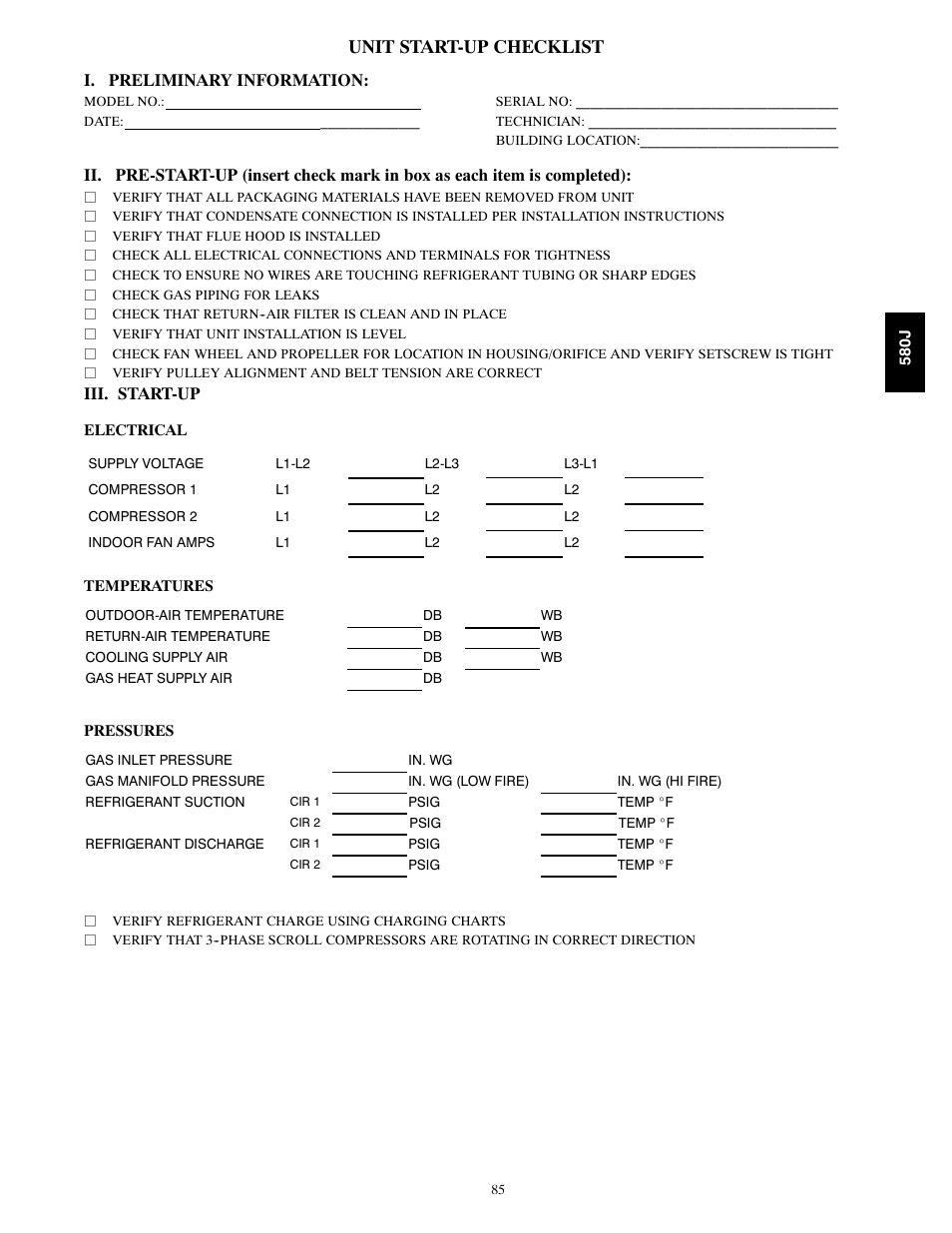 Unit start-up checklist, I. preliminary information, Iii. start-up | Bryant F User Manual | Page 85 / 85