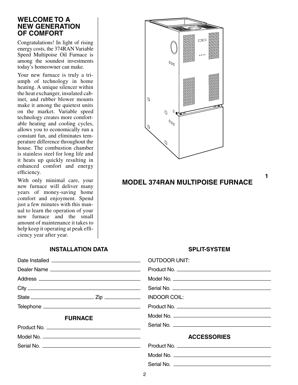 Welcome to a new generation of comfort, Model 374ran multipoise furnace | Bryant Oil 374RAN User Manual | Page 2 / 8