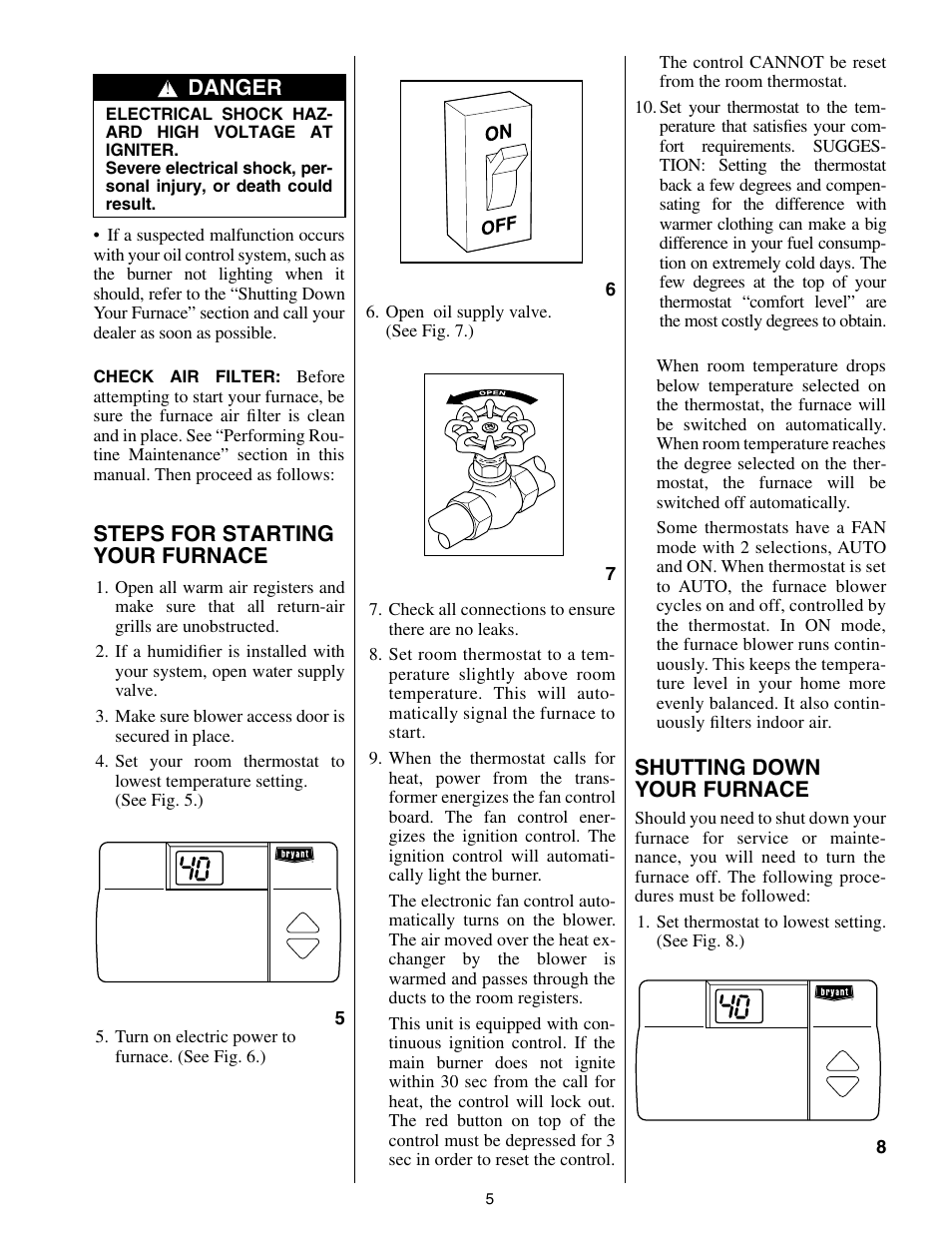 Steps for starting your furnace, Shutting down your furnace, Danger | Bryant Oil 374RAN User Manual | Page 5 / 8