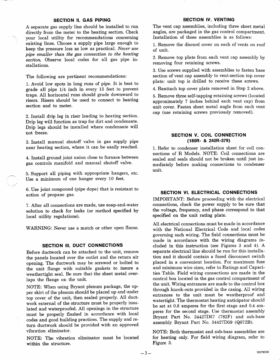 Section ii. gas piping, Section iii. duct connections, Section iv. venting | Section v. coil connection (180r- & 240r-379), Section vi. electrical connections | Bryant UNIT 379H User Manual | Page 3 / 6