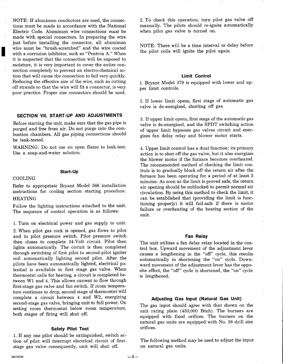 Section vii. start-up and adjustments, Start-up, Safety pilot test | Limit control, Fan relay, Adjusting gas input (natural gas unit) | Bryant UNIT 379H User Manual | Page 4 / 6