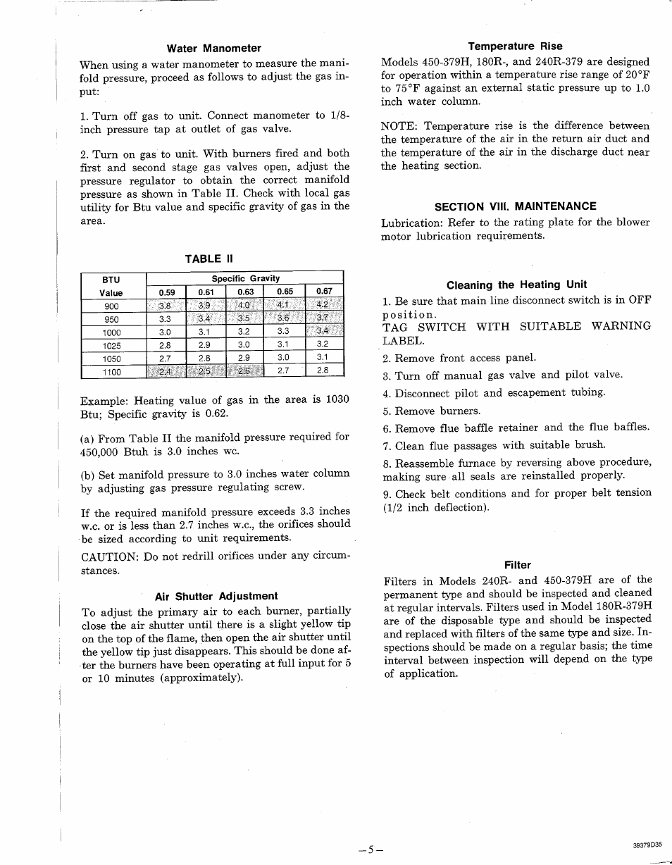 Water manometer, Air shutter adjustment, Temperature rise | Section viii. maintenance, Cleaning the heating unit, Filter | Bryant UNIT 379H User Manual | Page 5 / 6