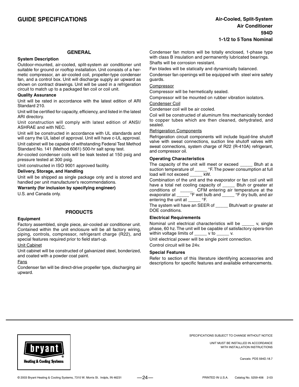 Guide specifications | Bryant Electric 594D User Manual | Page 24 / 24