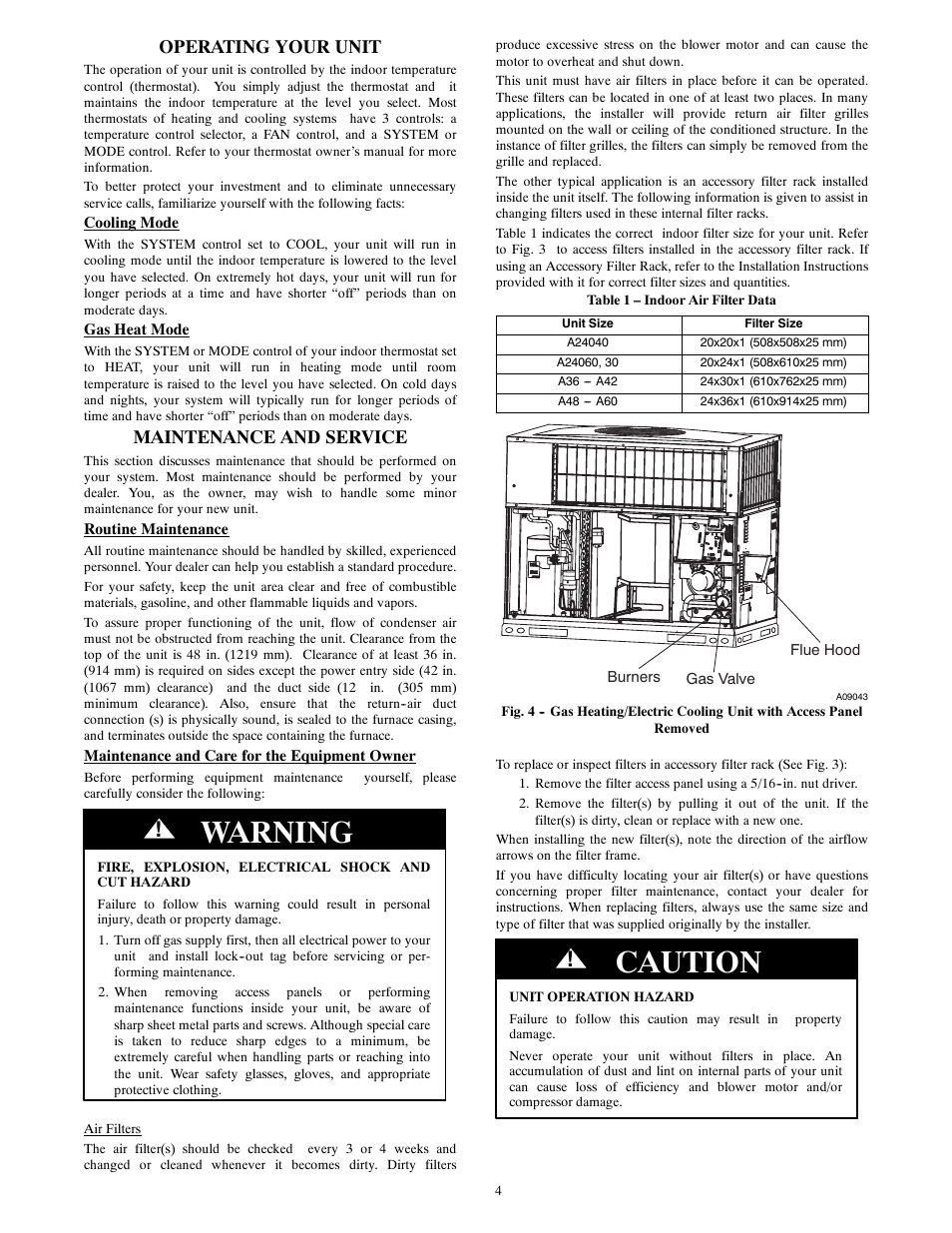 Warning, Caution, Operating your unit | Maintenance and service | Bryant 577C User Manual | Page 4 / 8