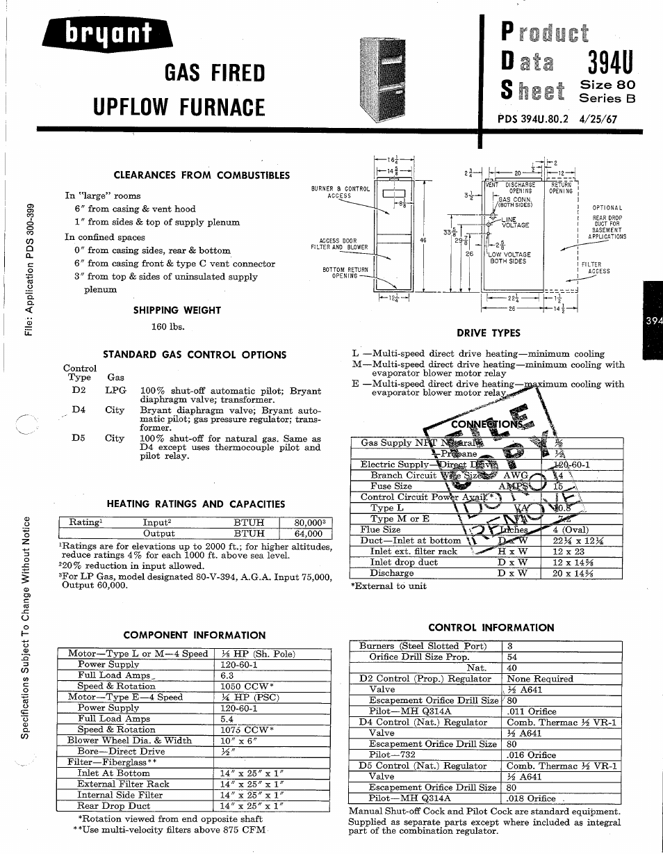 Bryant GAS FIRED 394U User Manual | 2 pages