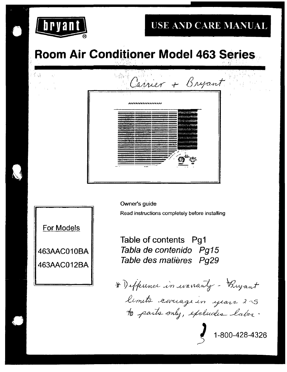 Bryant 463AAC012BA User Manual | 15 pages