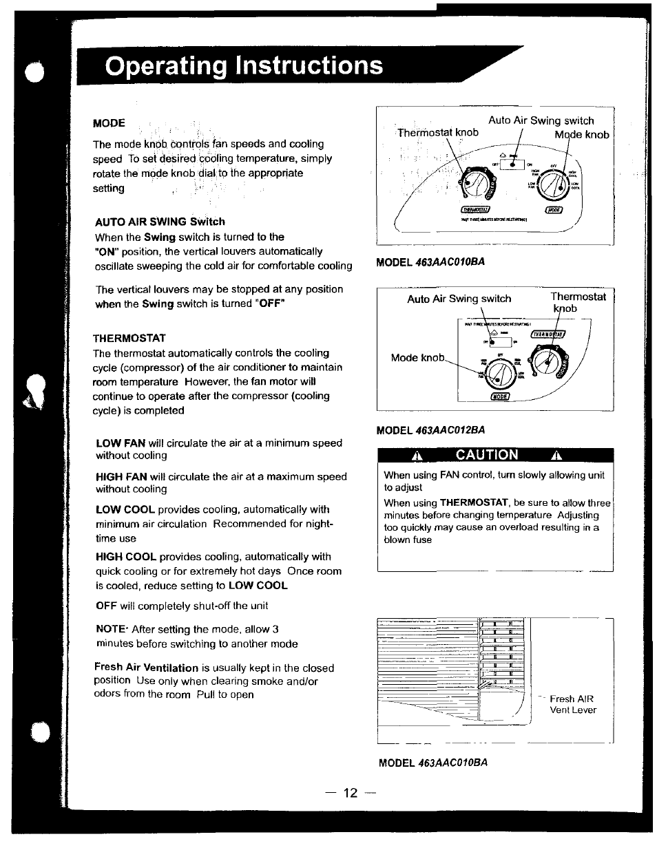 Operating instructions, A caution a | Bryant 463AAC012BA User Manual | Page 13 / 15