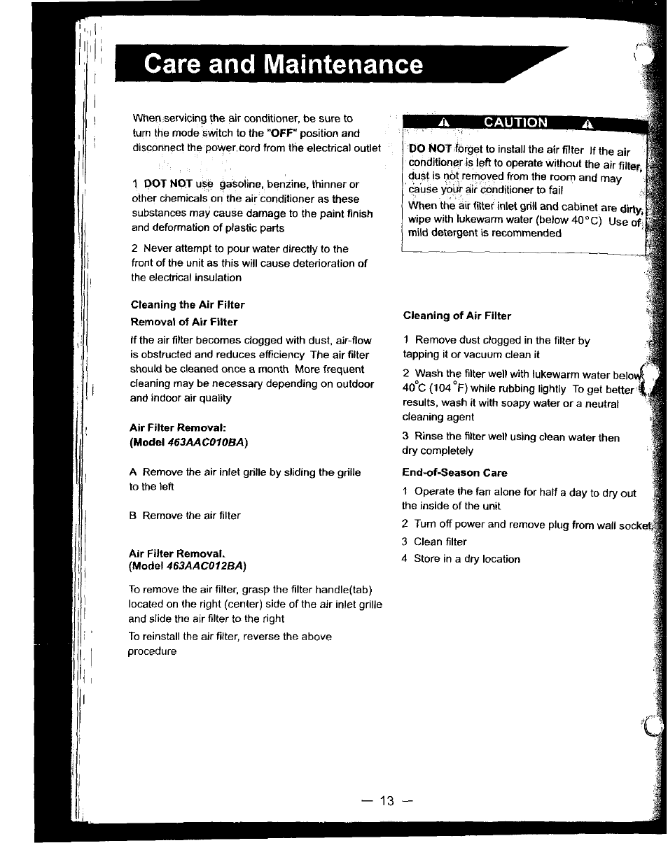 Care and maintenance, Cleaning the air filter removal of air filter, Air filter removal | Cleaning of air filter, End-of-season care, Caution | Bryant 463AAC012BA User Manual | Page 14 / 15