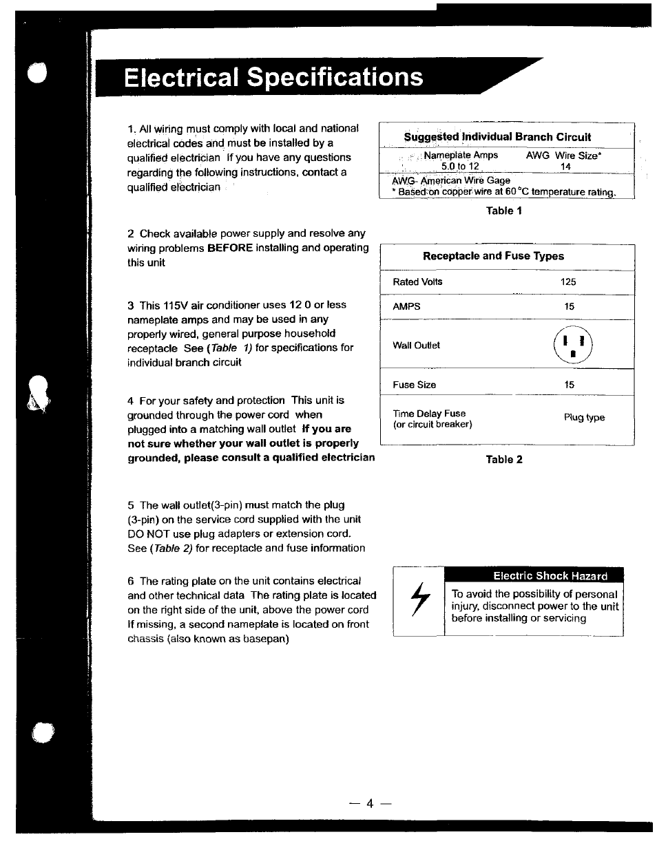Electrical specifications | Bryant 463AAC012BA User Manual | Page 5 / 15