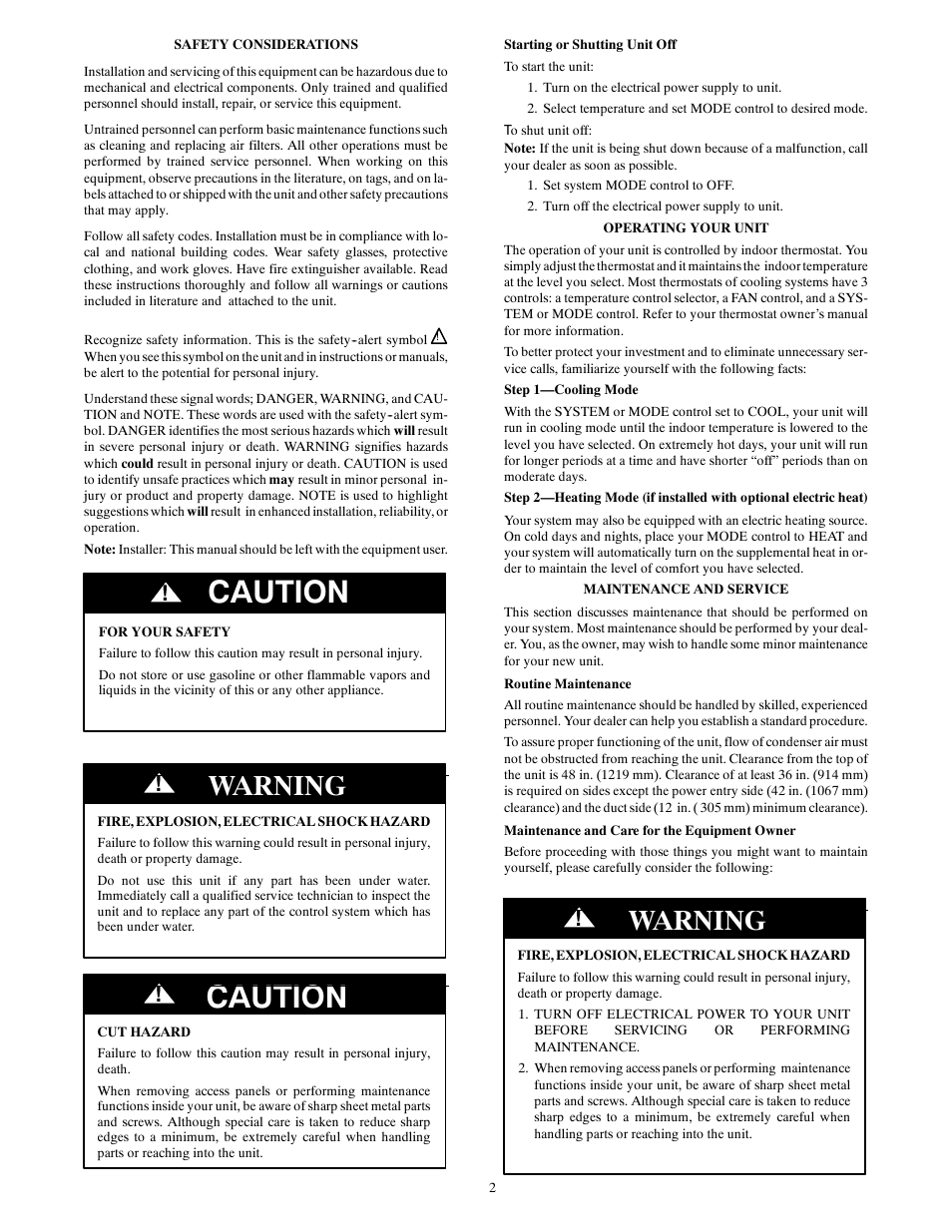 Caution, Warning | Bryant 704D User Manual | Page 2 / 4