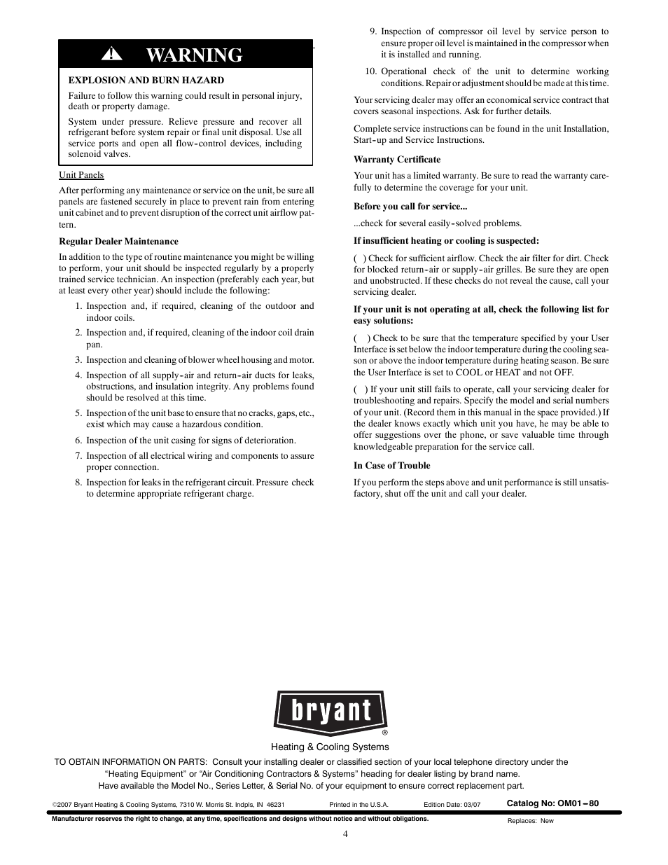 Warning | Bryant 704D User Manual | Page 4 / 4
