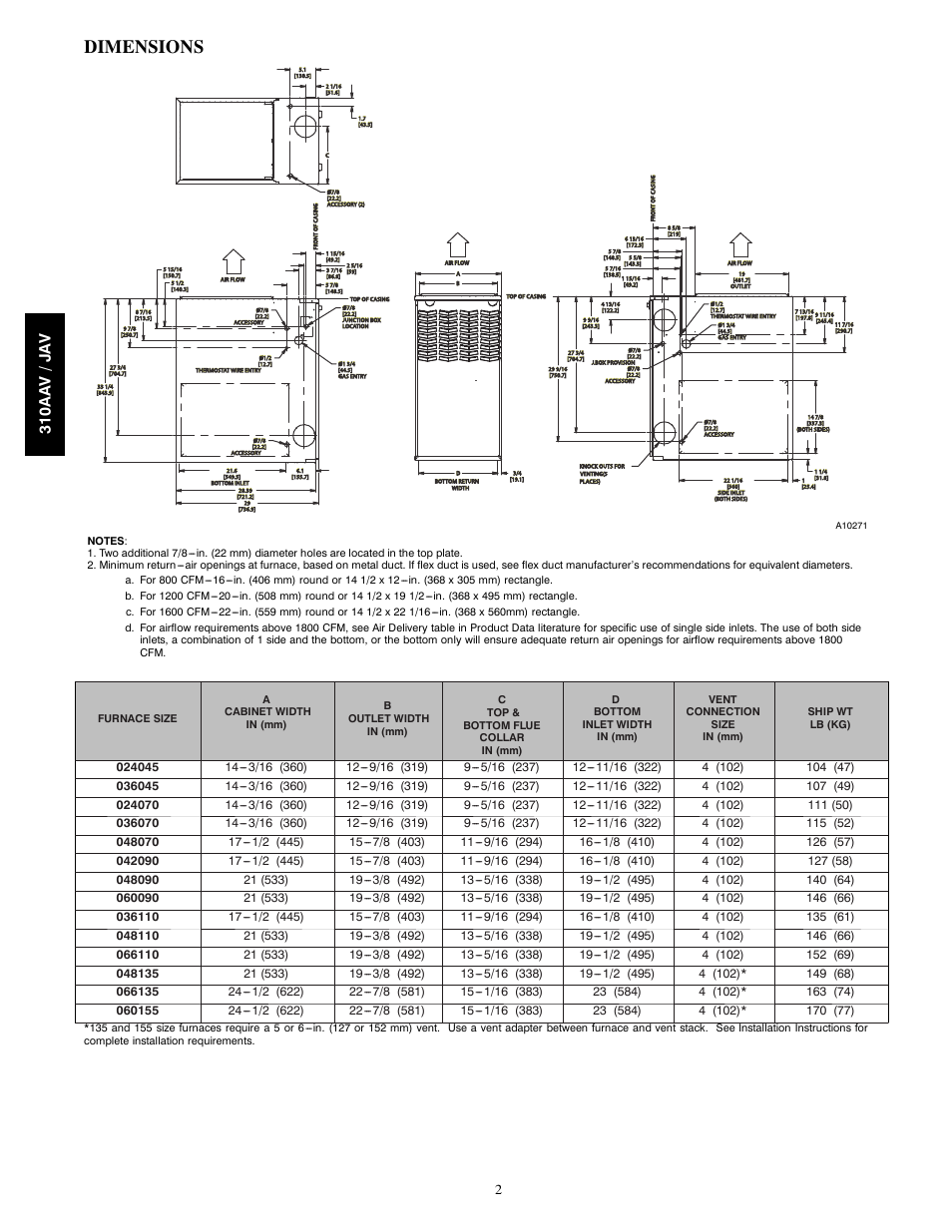 Dimensions, 310aa v /j a v | Bryant SERIES E A10252 User Manual | Page 2 / 12
