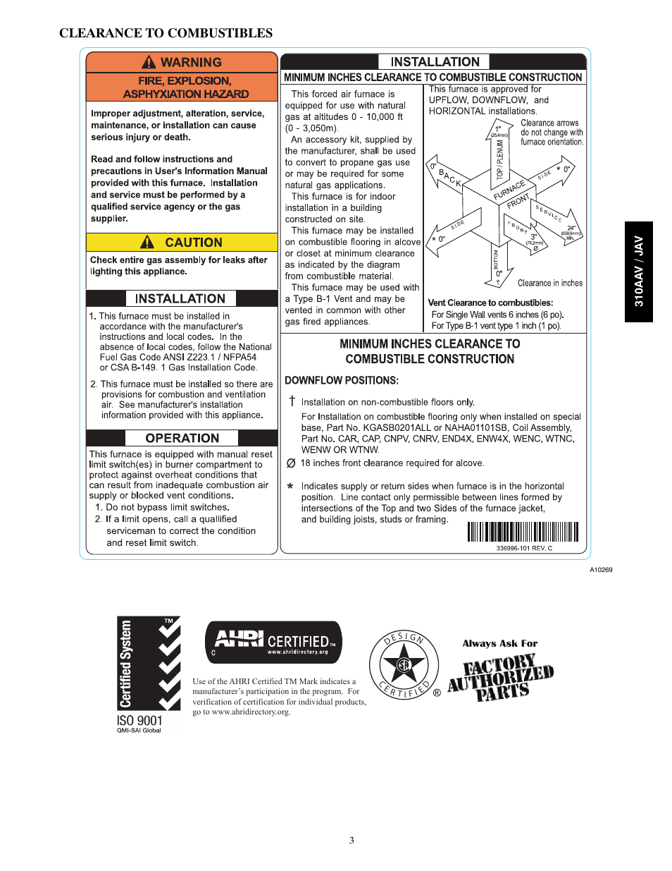 Clearance to combustibles | Bryant SERIES E A10252 User Manual | Page 3 / 12