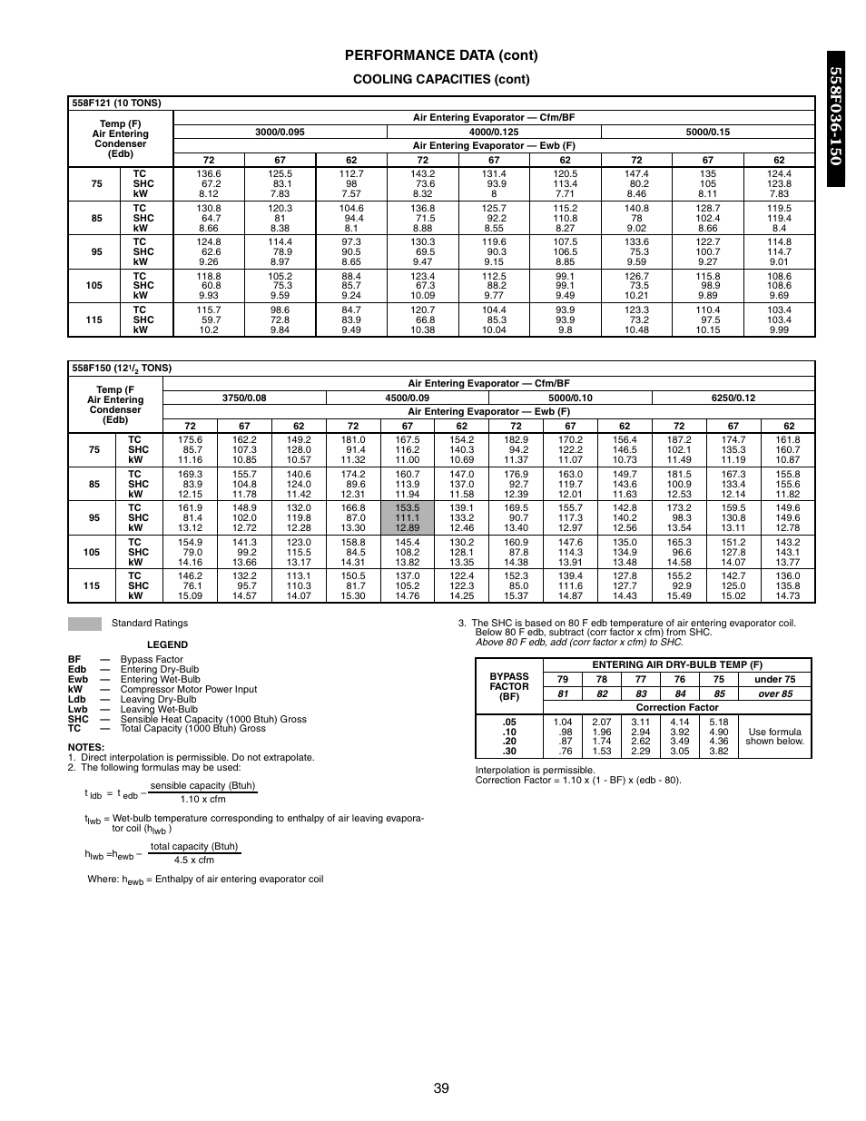 39 performance data (cont), Cooling capacities (cont) | Bryant DURAPAC 551B User Manual | Page 39 / 170